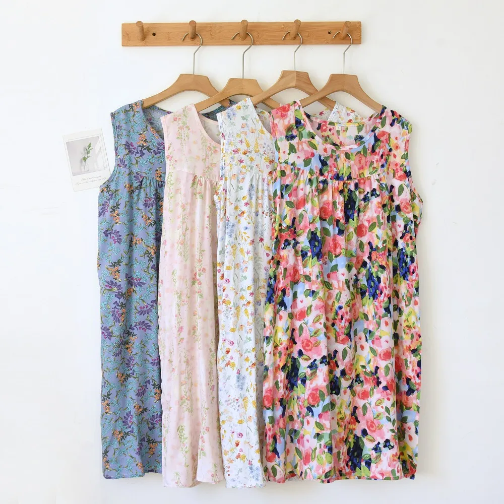 

New Style Summer Sleepwear One Piece Dress Sleeveless Floral Nightgowns Woman Nightdress Soft Home Wear Lounge Sleeping Dress