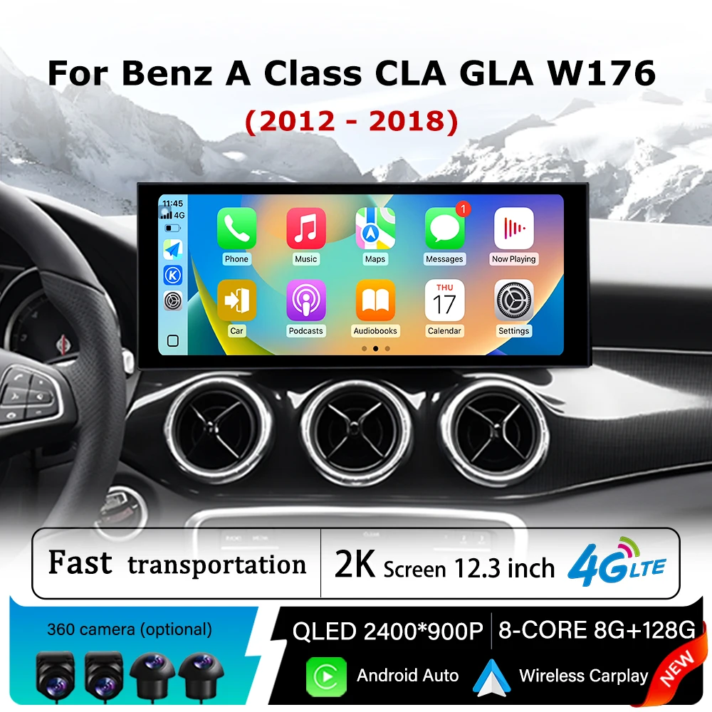 QLED Touch Screen Android 14 Car Multimedia Radio Player for Mercedes Benz A Class CLA GLA W176 2012-2018 Carplay GPS Navi WiFi