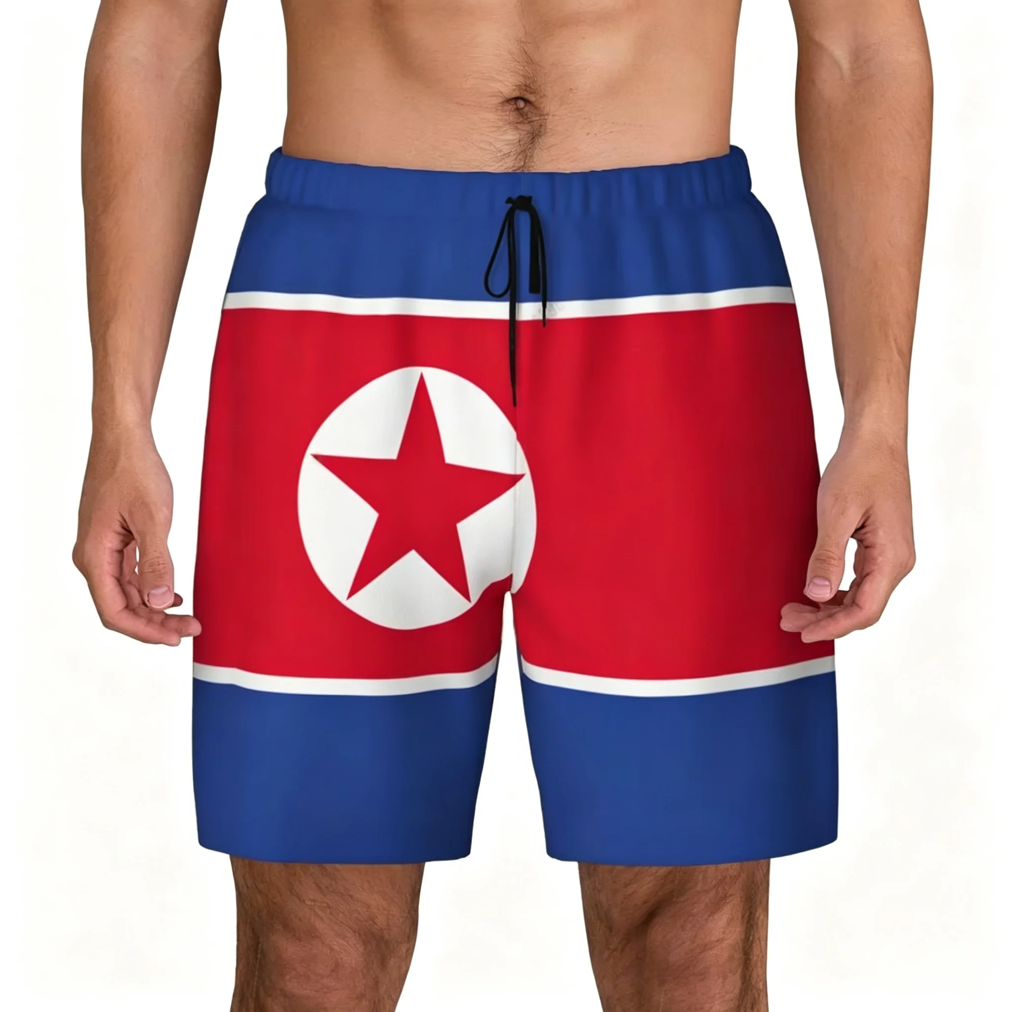 DPRK National Flag Print Men Quick Dry Beach Shorts Drawstring Waist Summer Swim Vacation Casual Street Daily Wear