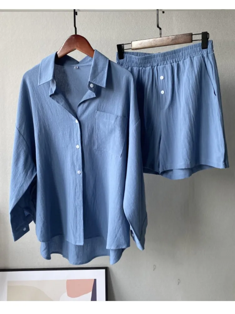 

Хлопково-льняной комплект из двух предметов, женский домашний костюм, шорты 2025 года, пижамные комплекты, винтажная рубашка в стиле бохо с высокой талией, свободные шорты, комплекты одежды для сна