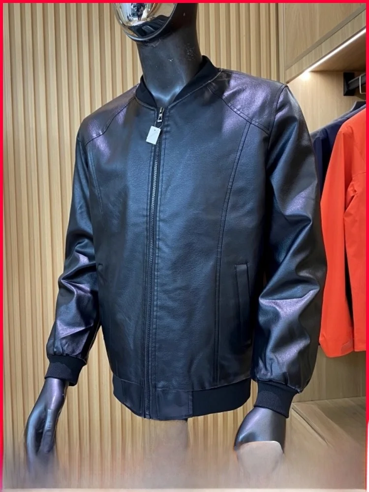 

Men's Fce Lined Baseball Collar Leather Jaet Warmth And Value Autumn Winter New Arrival Straight Cut PU Leather Coat