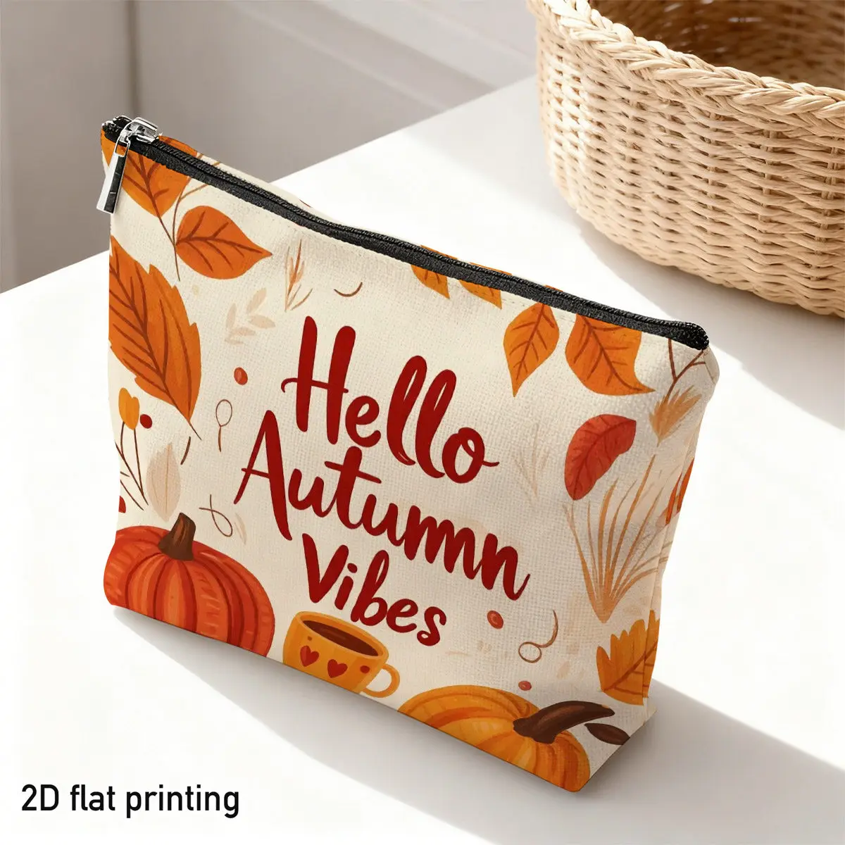 Watercolor Pumpkins and Leaves Lightweight Makeup Bag Autumn Cute Fall Themed Design for Travel Essentials Home Organization