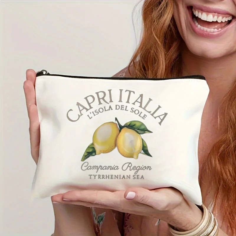 La Dolce Vita Amalfi Coast Italia Zipper Pouch Italian Lemon Print Cosmetic Bag for Women Beach and Travel Toiletry Organizer