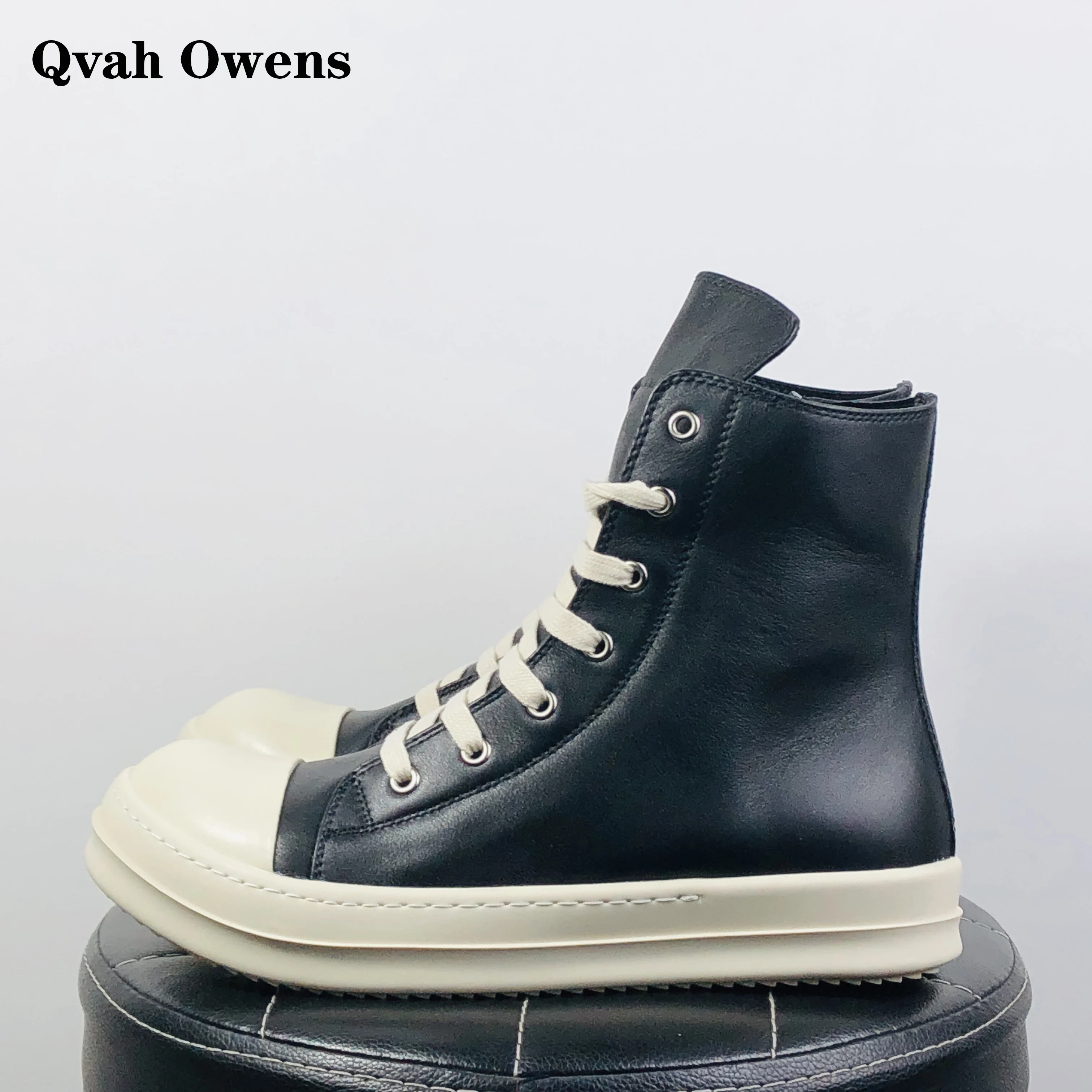 Qvah Owens Men Casual High Top Boots Women Genuine Leather Luxury Lace Up Sneakers Zip High Street Autumn Flats Black Shoes