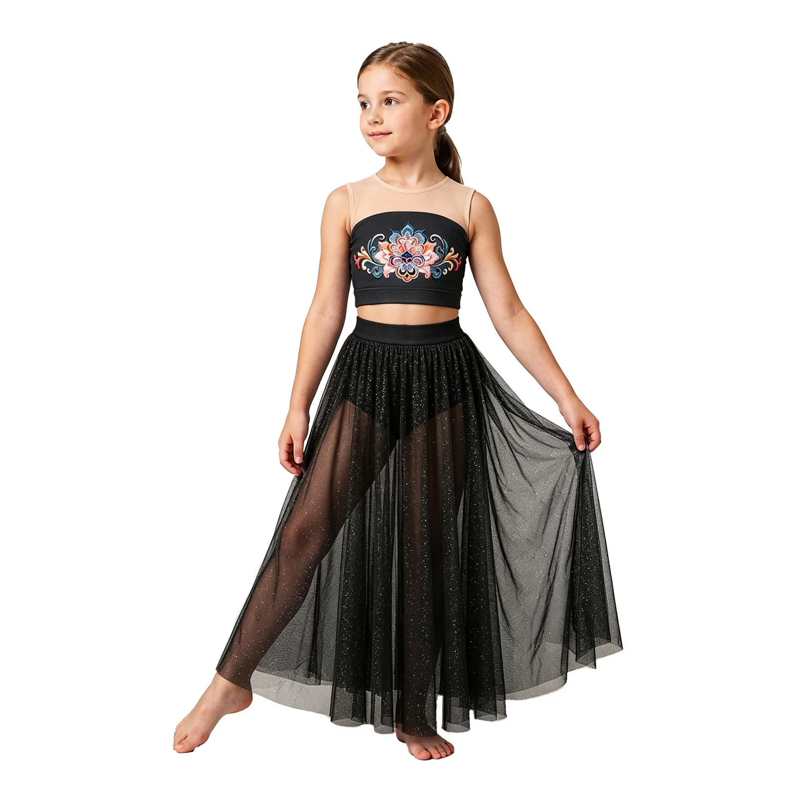 Kids Girls Lyrical Modern Contemporary Dance Costume Embroidered Floral Print Crop Top with Shimmery Wide-leg Pants Dancewear