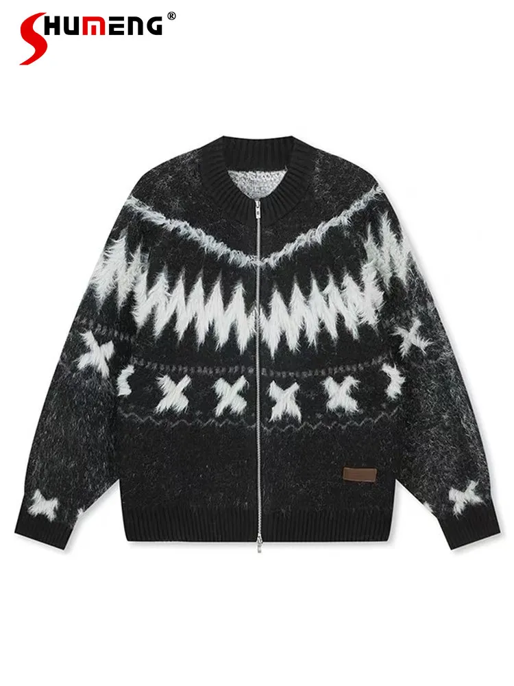 

2025 Men's Autumn New Round Neck Black White Contrast Color Long Sleeve Zipper Knitwears Jackets Loose Comfort Trendy Sweaters