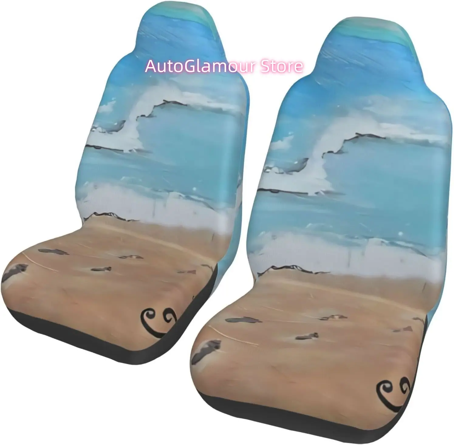 Footprints in The Sand (6) 2-Piece   Seat Cover Complete Set - Elastic Seat Protection Cover for Cars, Trucks, Suvs