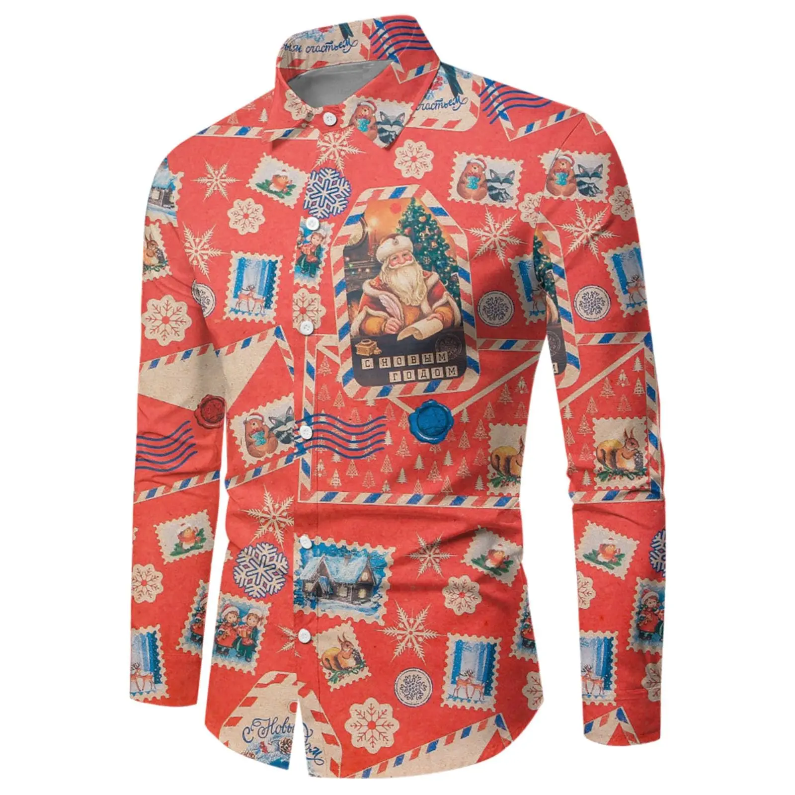 Papai noel casual camisa masculina diária outono e inverno lapela manga longa moda masculina rua festa de natal camisa de manga longa