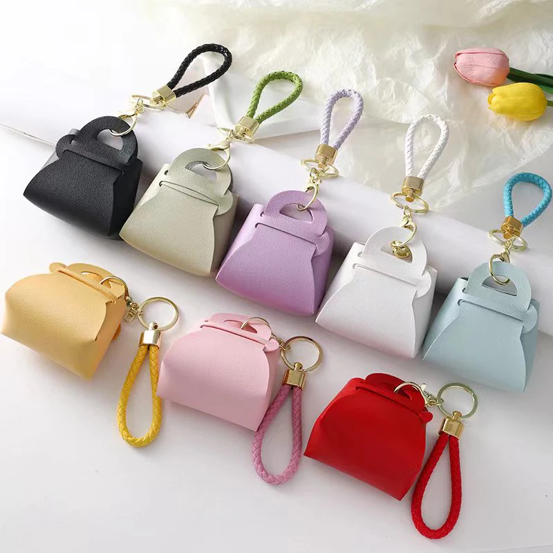 1pc Pu Leather Handbag Design Mini Car Keys Storage Bag Small Bag Keychain Key Wallets Candy Colored Bag Pendant Lanyard Keyring