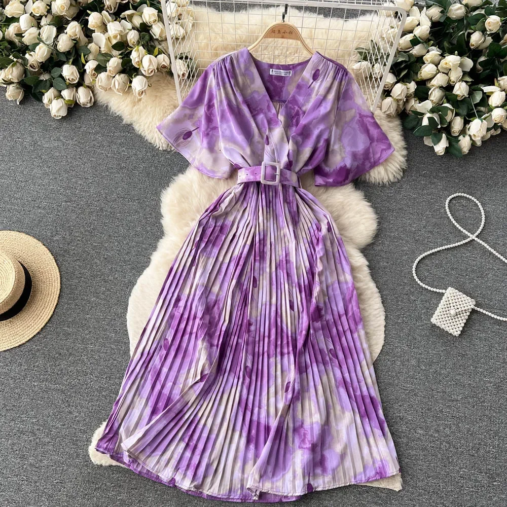 Pink Elegant Solid V-neck Short Sleeve Folds Vestido Women Casual Lace-up Pleated Dress 2024 New Tide Summer