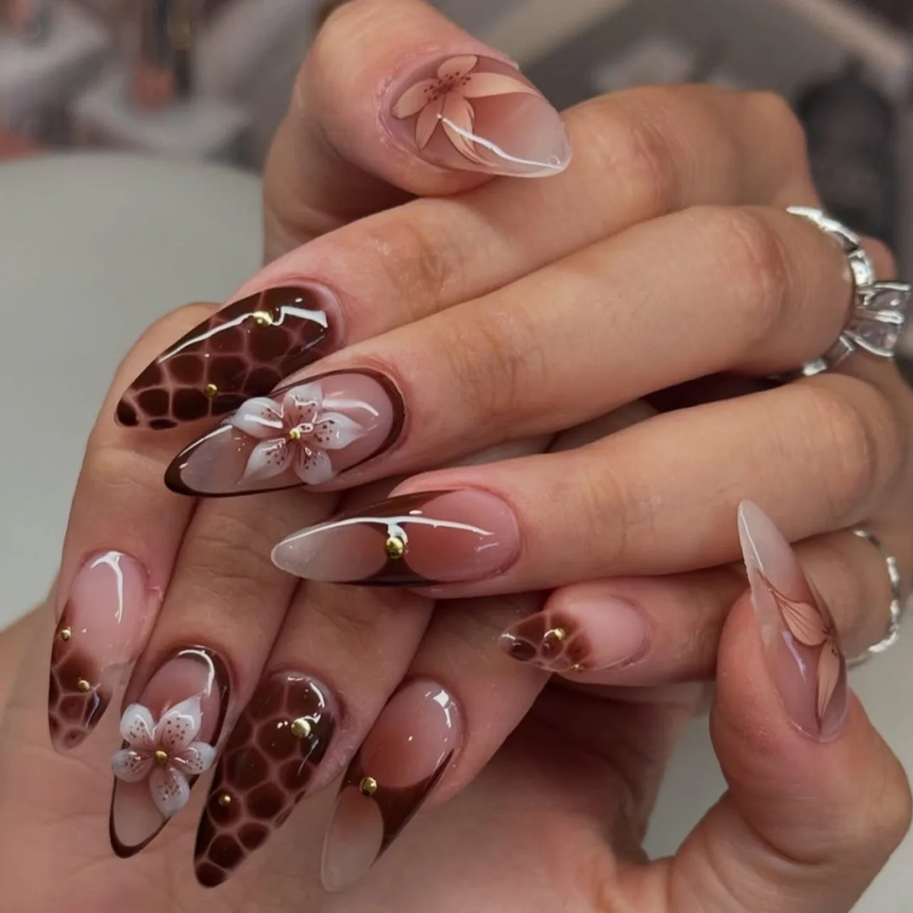 24pcs Long Almond False Nails Sets Press on Cherry Flower Brown Nails Tips Rhinestone Design Fake Nail Wearable French Manicure