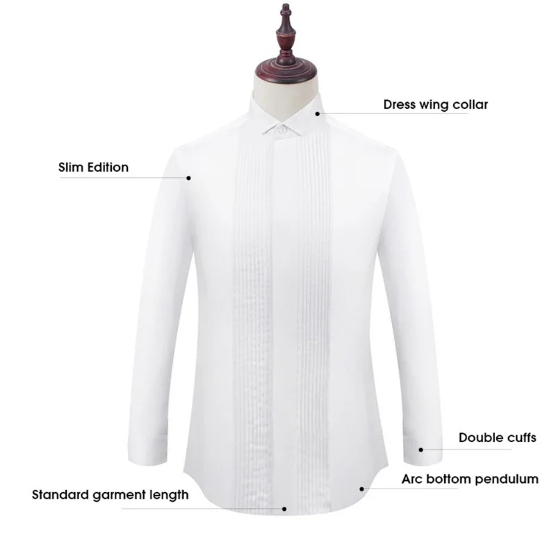 Mens Tuxedo Shirt with Bow Tie Solid Color Wing Tip Collar Shirt Wedding Party Performance Long Sleeve Dress Shirt Men Clothing