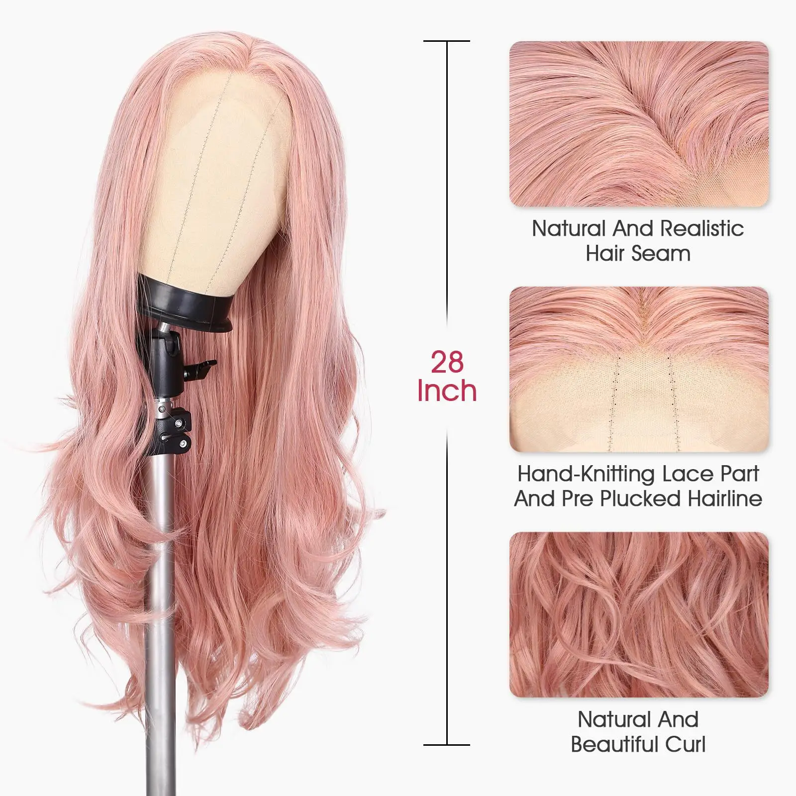 Synthetic Lace Front Wig 28 Inch Pink Wavy Middle Part Long Hair Women Cosplay Fashion Party Costume Anime Style