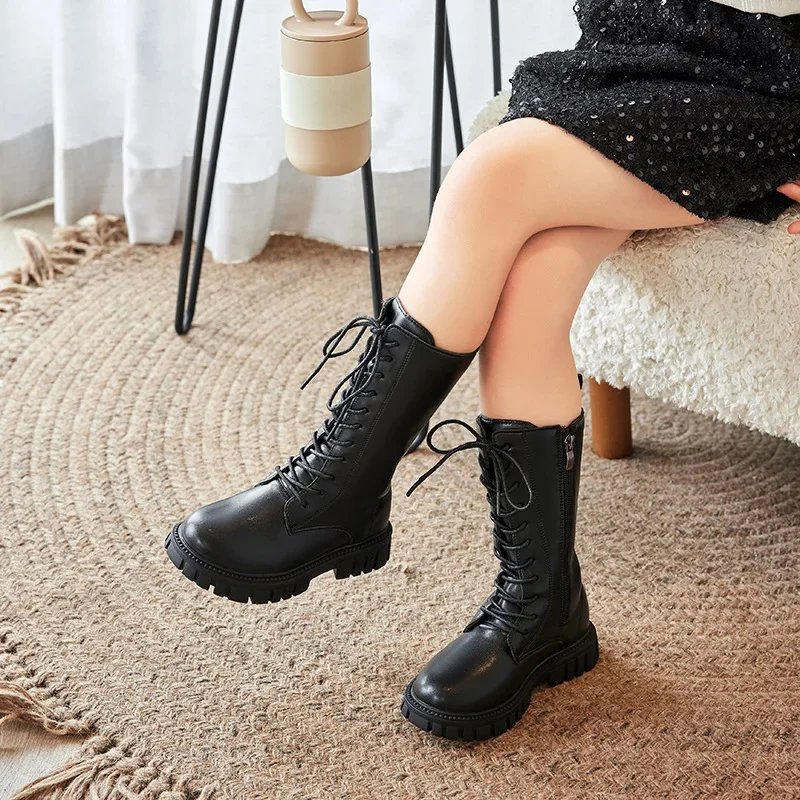 Girls Shoes Children\'s Mid-calf Boots Fashion Black Kids Knight Boots Autumn Winter Four Season Side Zipper Princess High Boots