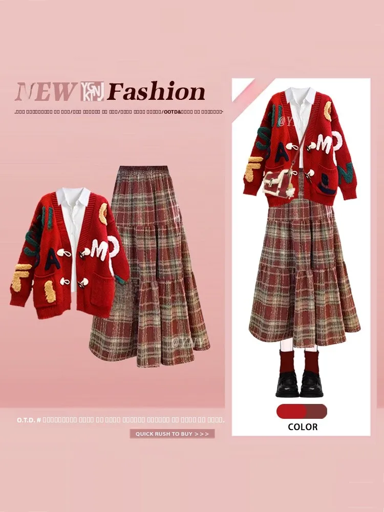 

Красный вязаный свитер, клетчатая юбка, комплект, женский свободный винтажный антивозрастной зимний ансамбль Faion, студенческий комплект