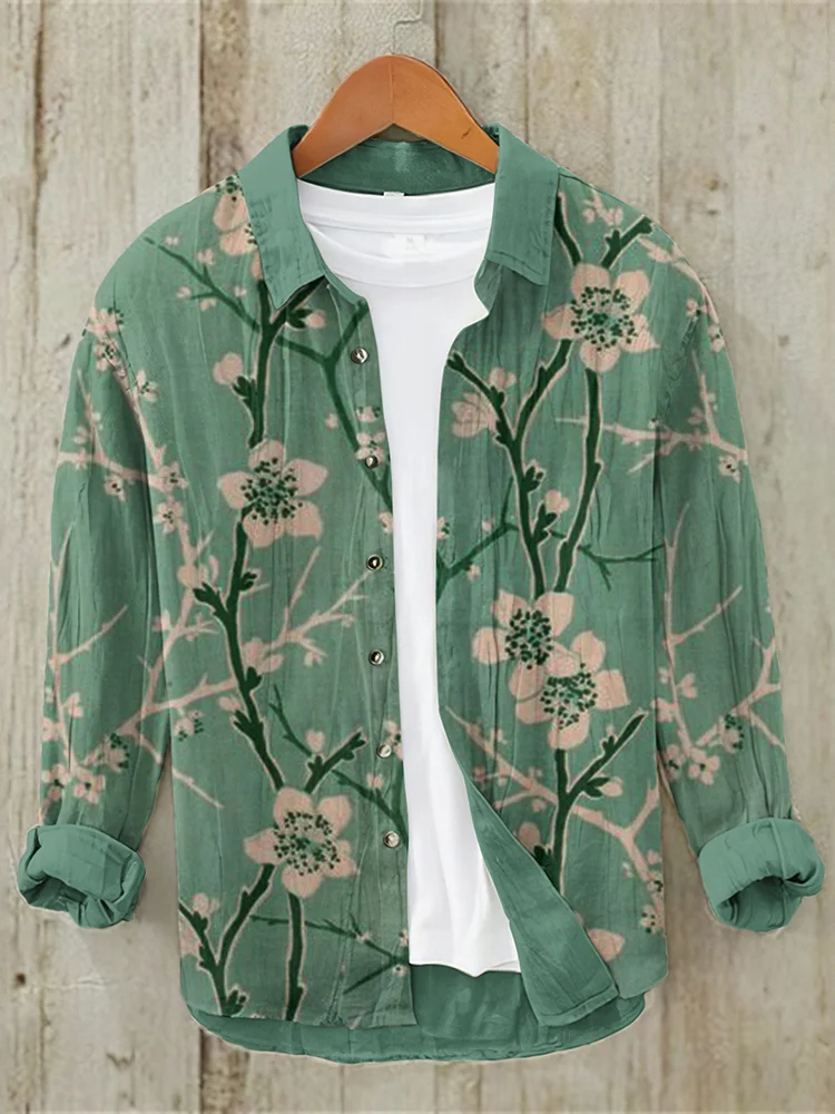 New Linen Printed Long Sleeve Shirt flower Traditional Pattern Art Hawaiian Shirt Men's Super Large Size S-5XL Fast Shipping