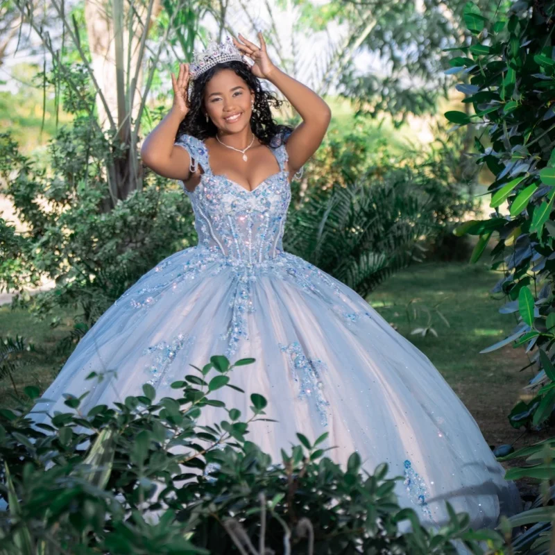 

Blue Quinceanera Dresses Off the Shoulder Decal Crystal Glitter Lace Long tail Bow Vestido De 15 Quinceanera Customize