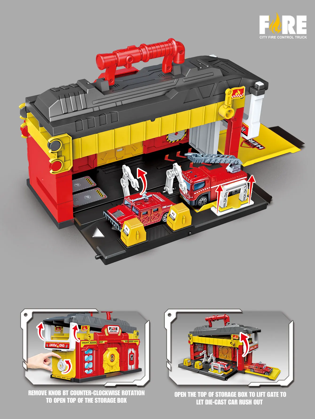 Children's City Fire Department Rail Car Toy, foldable storage catapult rail car, 2IN1, can be converted into a parking lot