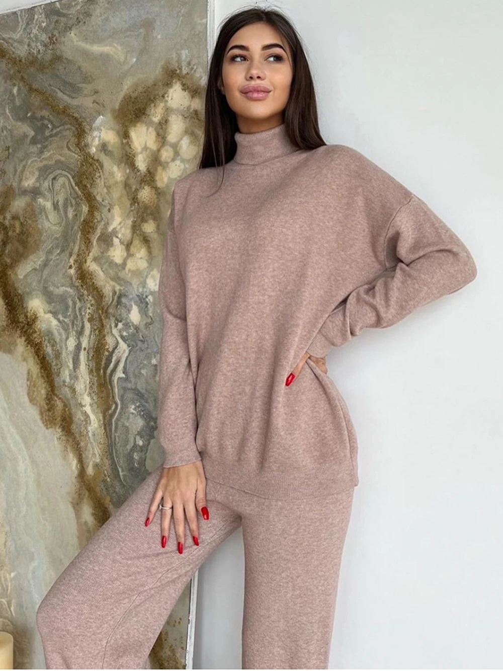 Wixra Women Knitted Suits Solid Turntleneck Full Sleeve Sweater+High Waist Straight Trousers Female 2-Piece Sets