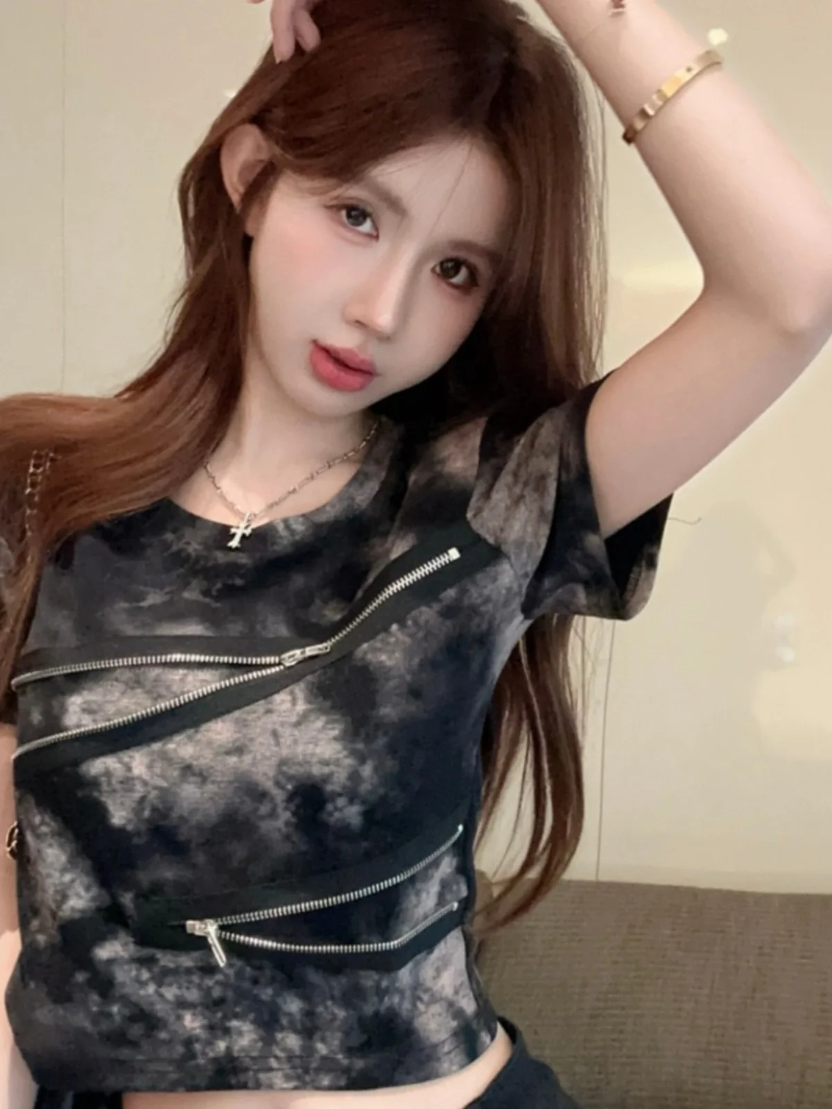 

Plus Size American Design Sense Zipper oulder ort Sve T-irt Women Summer Vintage Small Cro Slimming Sexy Pad oulder adie...