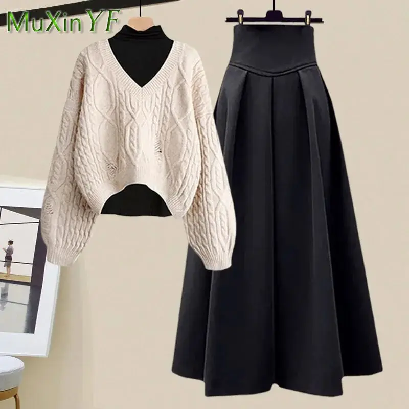 

2023 Autumn/Winter New Korean Elegant Hole Knitted Sweater+High Neck Bottom Shirt+Midi Skirt 3 Piece Women Dress Matching Set