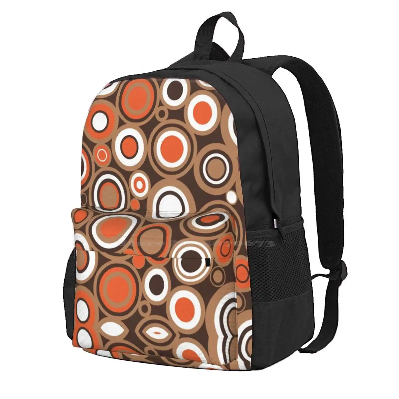 Orange, White And Brown Circle Retro Pattern Hot Sale Schoolbag Backpack Fashion Bags 1950S 1960S 1970S Funky Geometrical