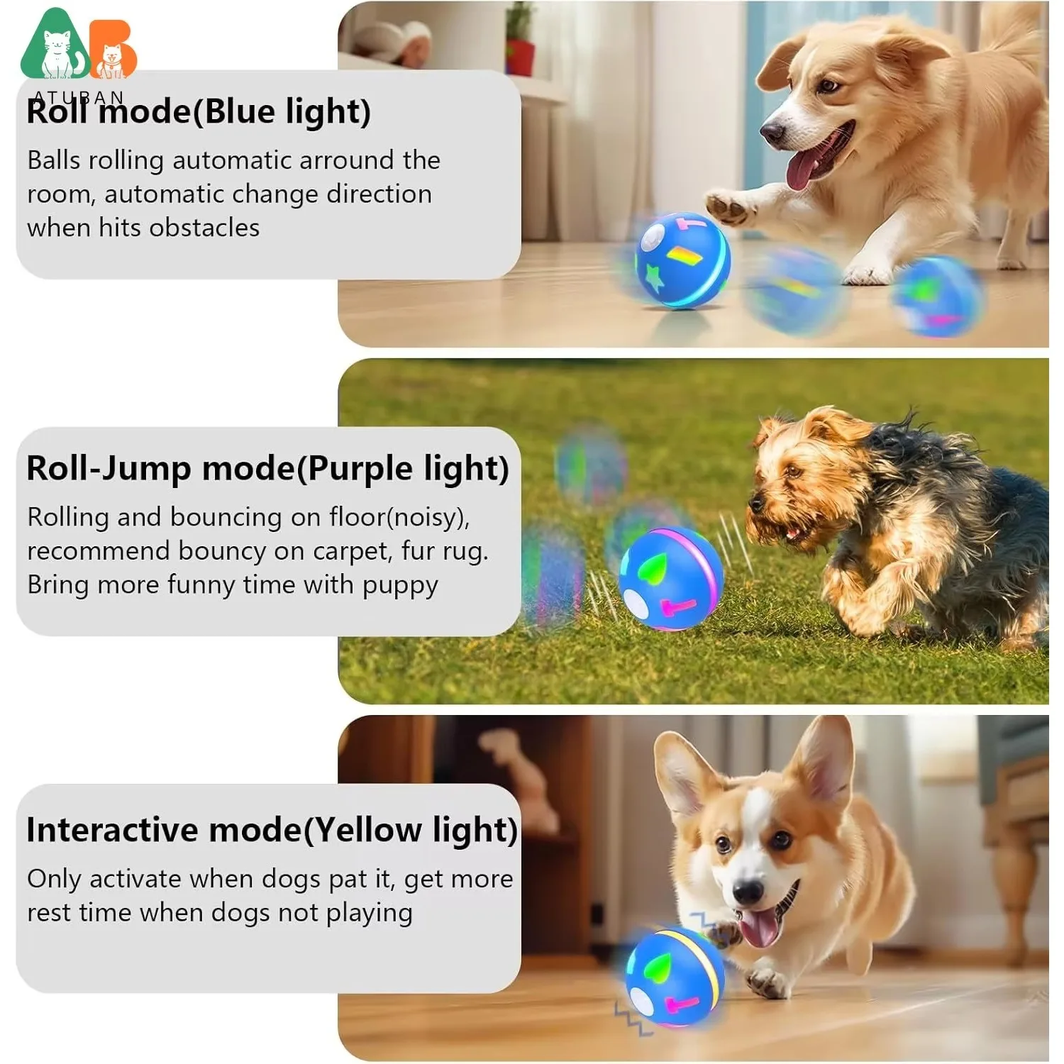 ATUBAN Interactive Dog Toys/Cats Balls with Motion Activated/USB Rechargeable, Electric Dog Smart Ball for Medium Small Puppy