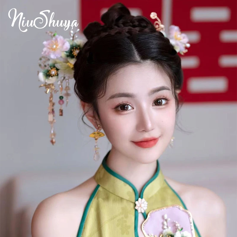 

NiuShuya Ancient Style Silk Pink Green Flower Hairpin Chinese Hanfu Hair Ornament Headdress Accessories Wedding Bridal Jewelry