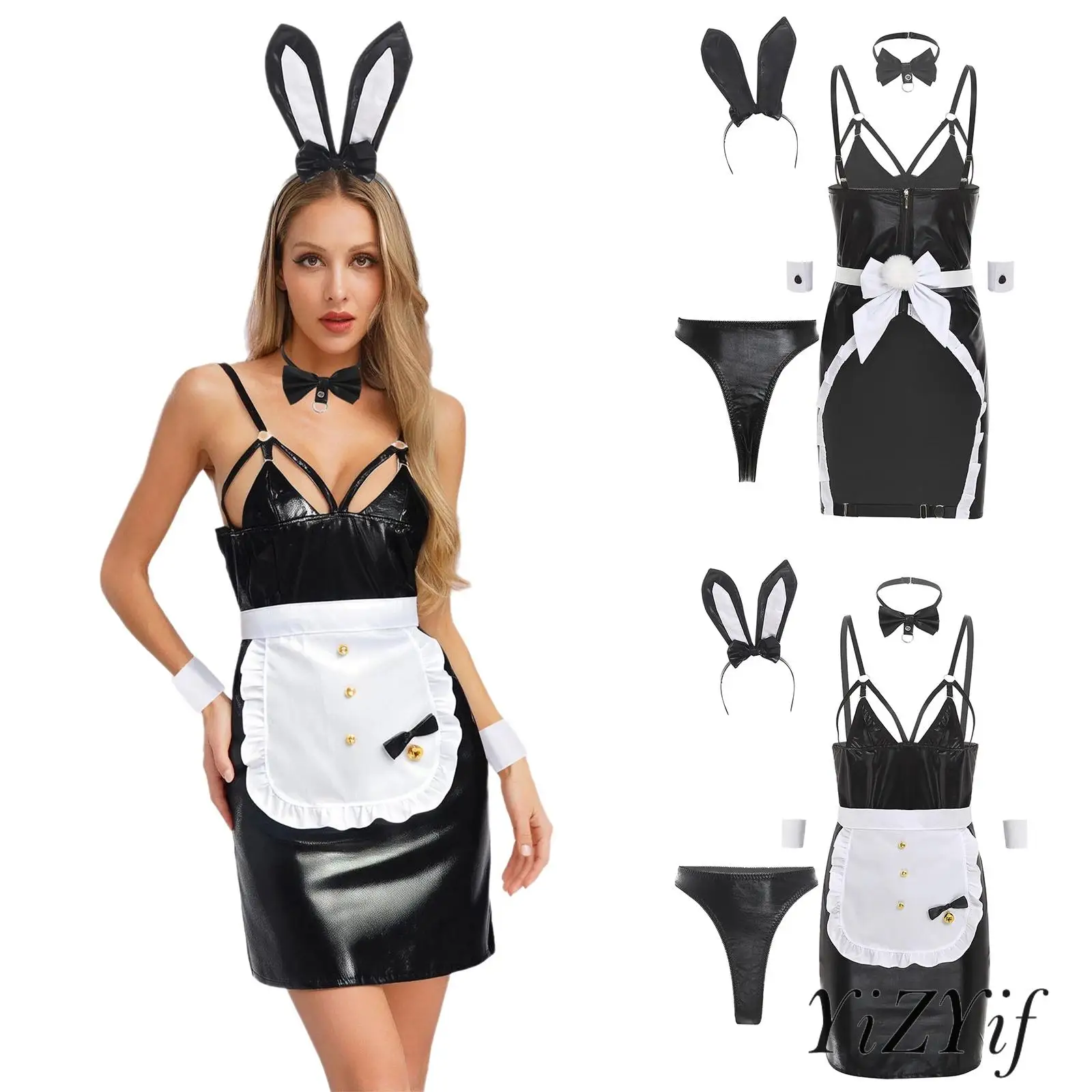 

Womens Bunny Maid Cosplay Costume 7Pc Set Sling Dress Rabbit Ear Headband Bowtie T Back Thong for Anime Themed Party Dress Up