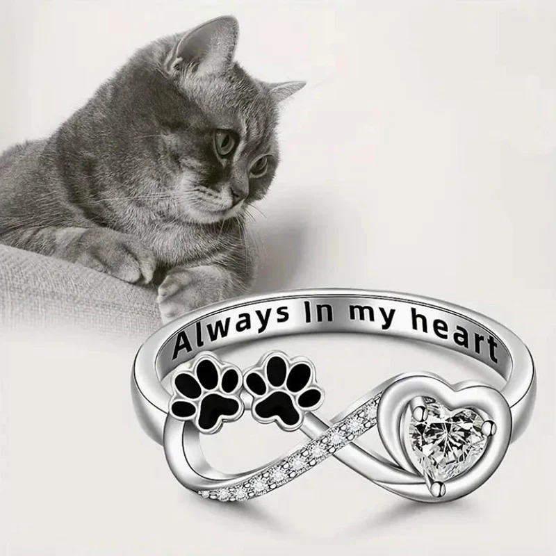 Dog Claw Print Ring For Women European and American Fashion Cute Exquisite Zircon Love Shaped Cat Claw Rings KOFSAC