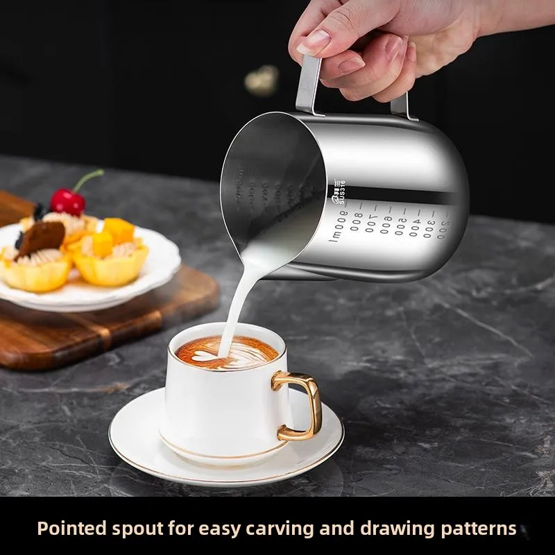 LMM stainless steel food grade milk foam cup with graduated professional latte flower tank tip