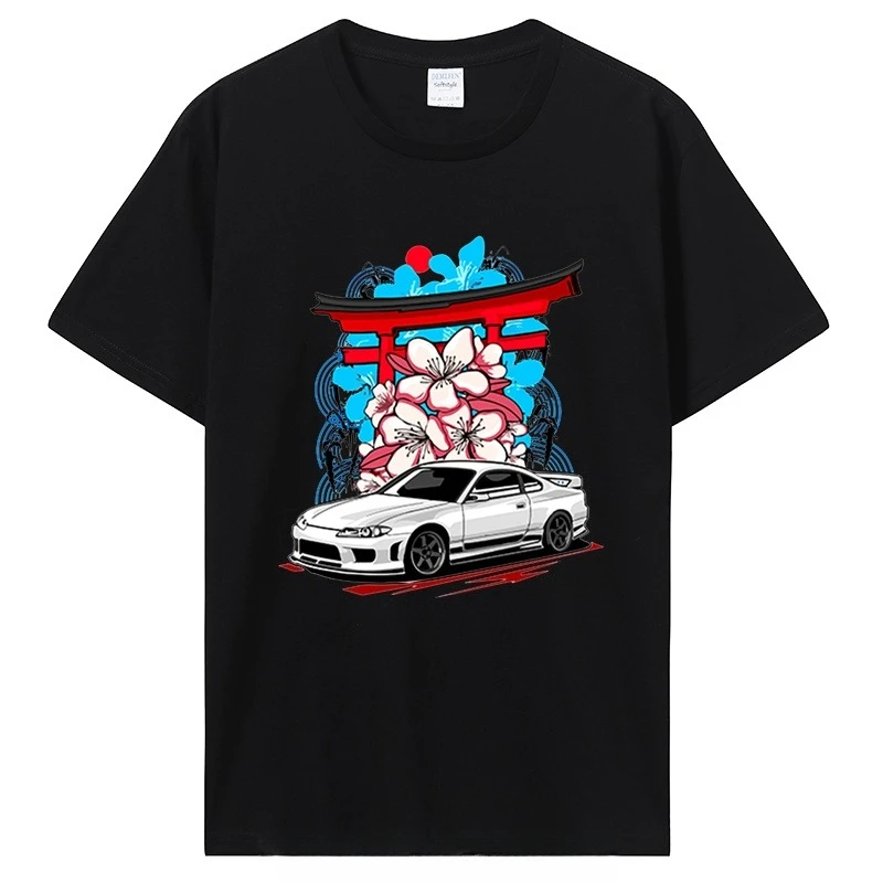 Summer, High Quality Silvia S15 White Car Graphic T Shirts Initial D Drift TShirt Cotton Short Sleeve Men  T-shirt Clothing