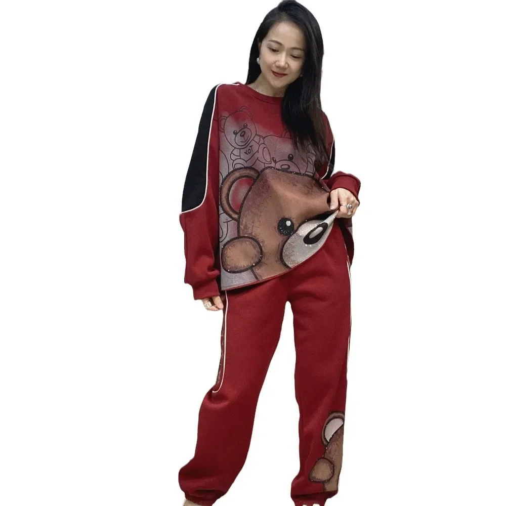 Thicken Velvet Women Two-piece Set Autumn Winter Cartoon Diamonds O-neck Loose Sweatshirt Top + Casual Sports Pants Female Suits