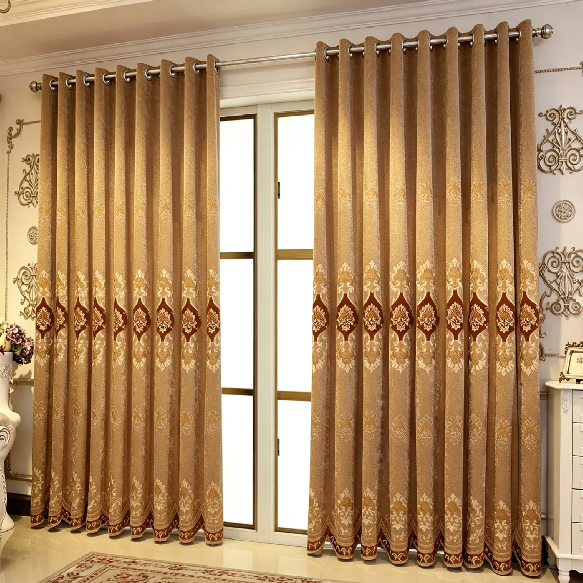 Luxury European Floral Embroidered Chenille Curtains, Light Blocking Thermal Insulated Window Drapes, Grommet Top Curtains for Living Room Bedroom Villa Home Decor