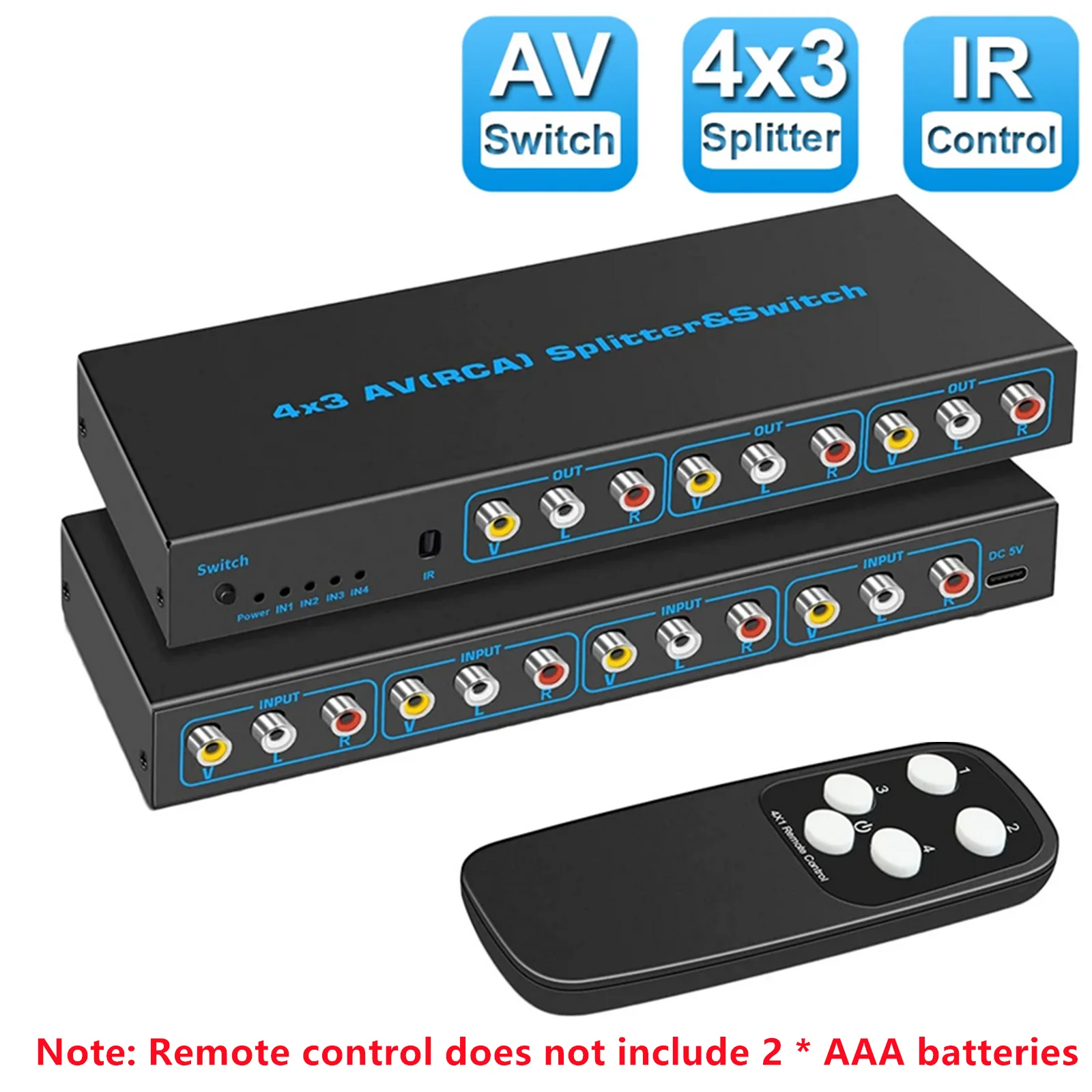 4 Way RCA Switch 4 In 3 Out AV Switch RCA Switcher Box Video L/R Stereo Audio AV Selector Box 4X3 Composite Switcher For DVD