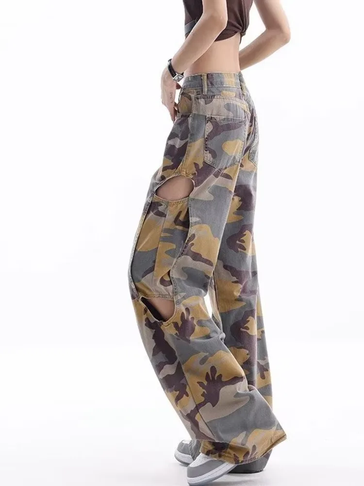 Calça de camuflagem com tinta salpicada feminina, jeans solto, perna larga, alto-falante, moda, hip-hop, vintage, versátil, roupas de trabalho