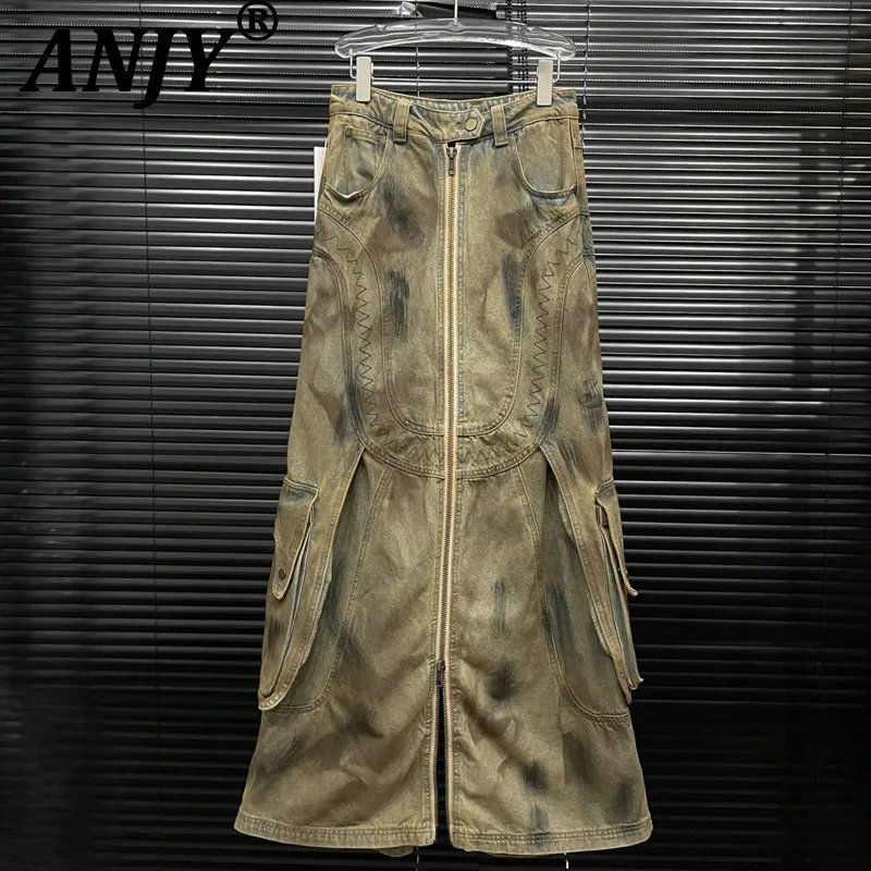 

ANJY Autumn New Women Trendy Jeans Two Ways Of Wearing Culottes Distressed Denim Skirt Zipper Design Punk Streetwear Pants A9601