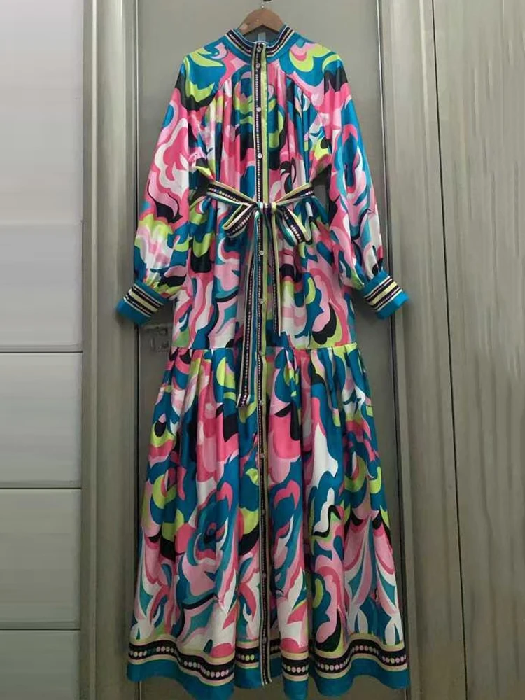 Robe rétro à imprimé géométrique, col montant, simple boutonnage, à lacets, taille cintrée, ample, bouffante, pour femmes, automne 2025