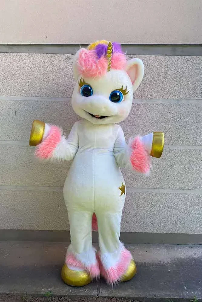 Nowy Biały Różowy Kostium Maskotki Jednorożca Kreskówkowy Tęczowy Koń Przebrania Cosplay Impreza Futrzany Karnawał Halloween Kostiumy dla Dorosłych