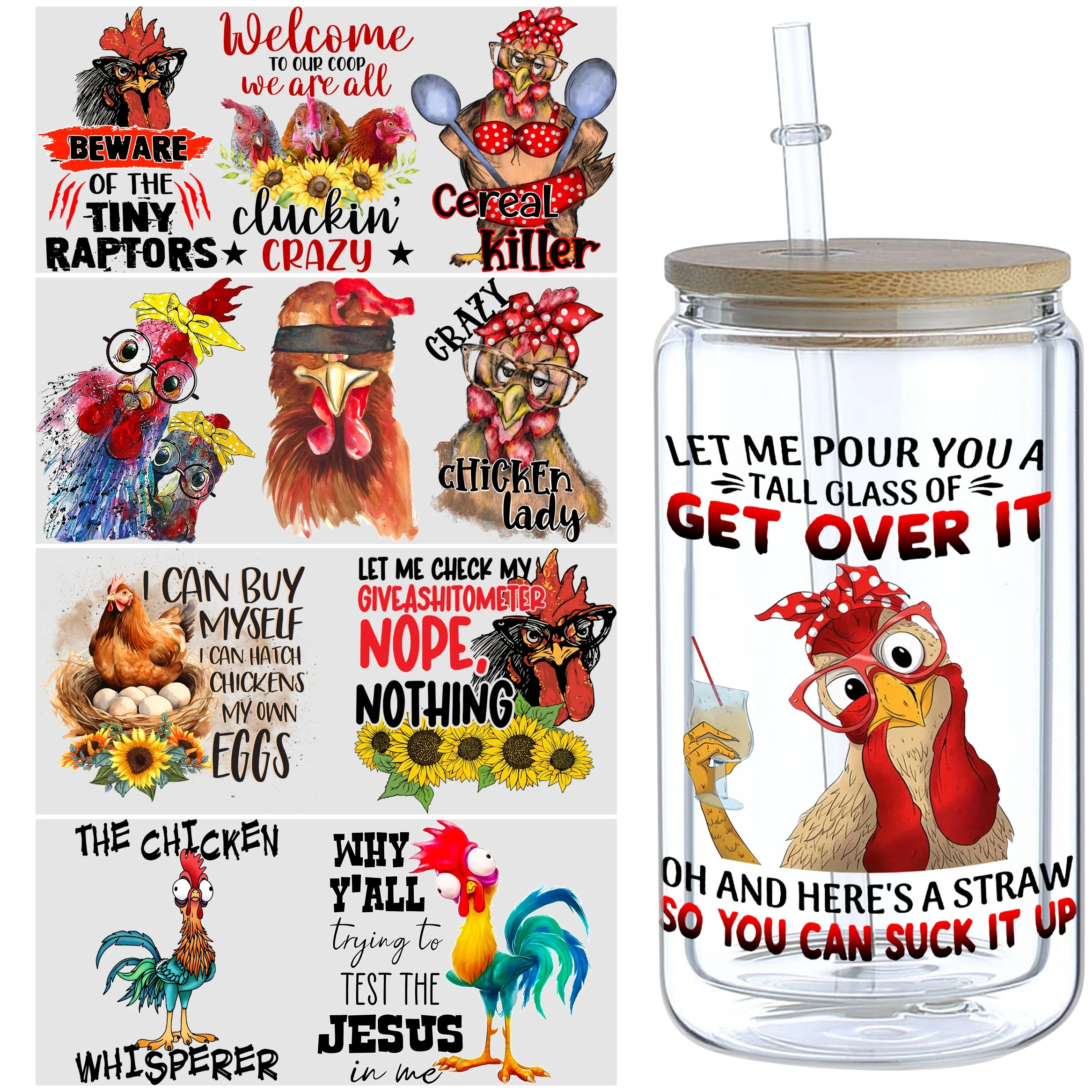 5 Sheets chicken UV DTF Cup Wrap,Sport DTF Transfer Stickers for Glass Cup,Waterproof funny chick Rub on Transfers