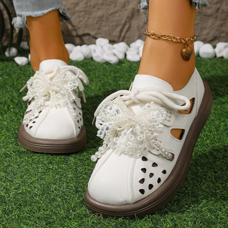 

Fashion Lace Bownot Sandals for Women Summer 2026 Bag Heel Lace Up Sandals Woman Hollow Out Out Flat Heel Sandalias Ladies