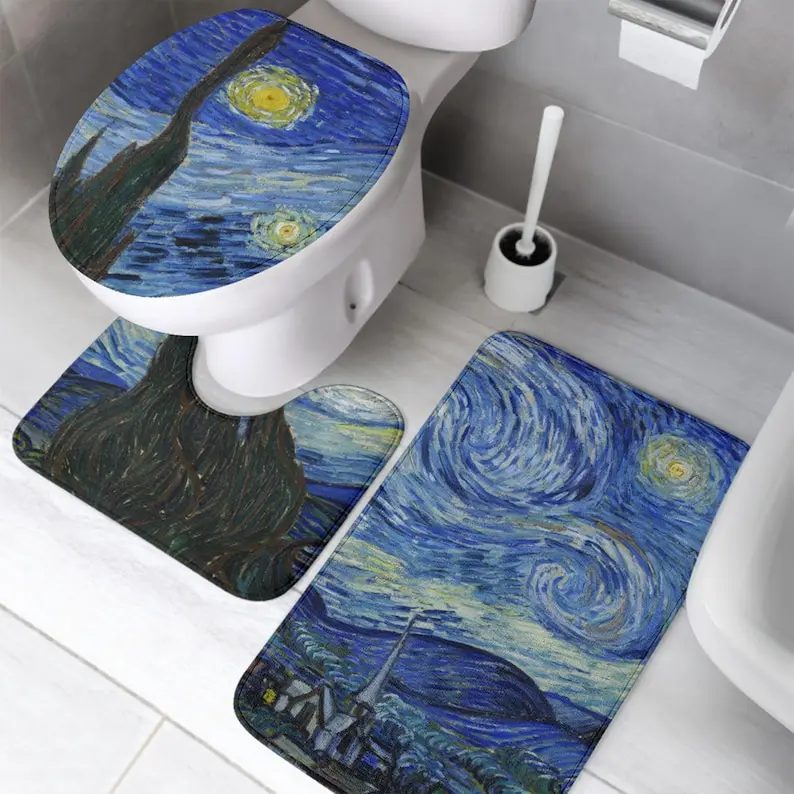 Van Gogh Starry Night Bath Mat Set 3PCS, Galaxy Art Print Non-Slip Memory Foam Rug with U-Shape Toilet Cover for Artist