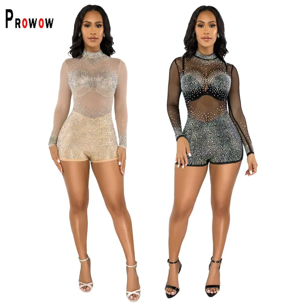 

Prowow Women Playsuits Sheer Mesh Diamonds One-piece Romper for Party 2024 New Summer Long Sleeve Zipper Skinny Bodycons Outfits