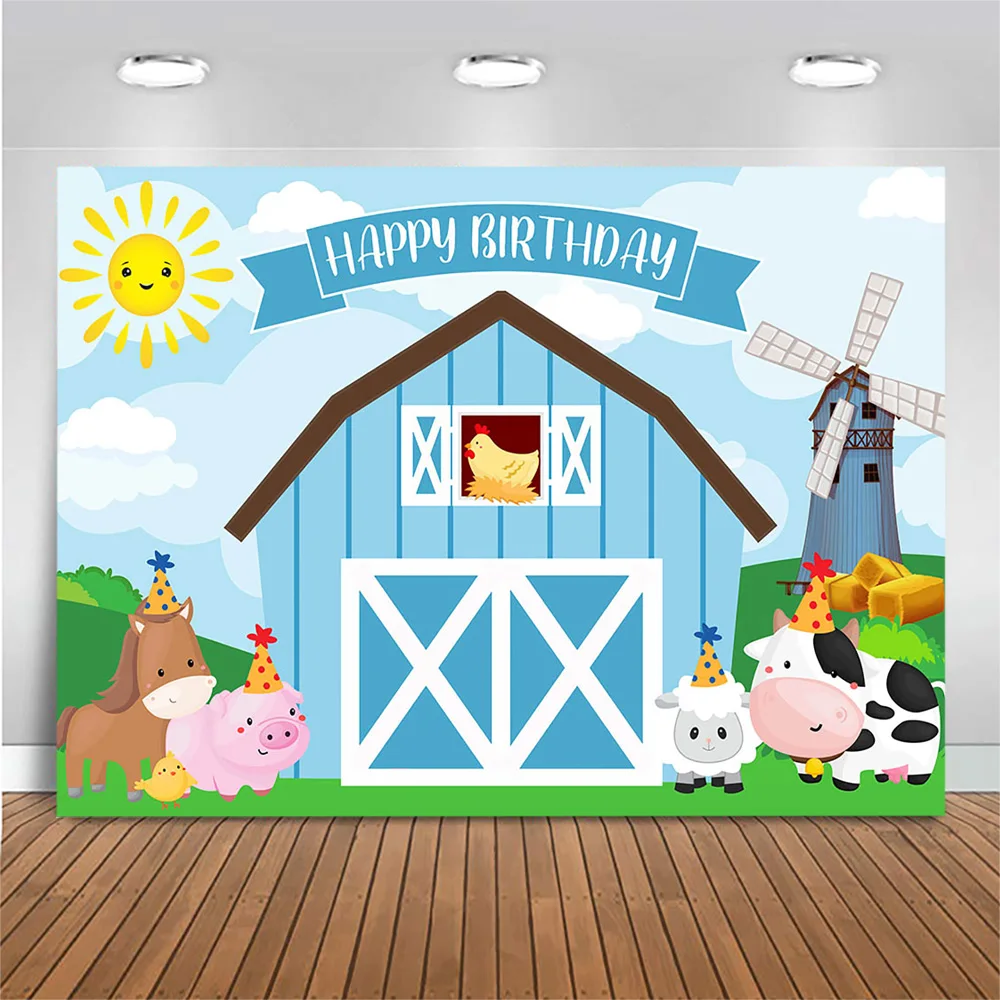 Hoạt Hình Nông Thôn Nông Trại Bé Chúc Mừng Sinh Nhật Hình Nền Xanh Dương Kho Thóc Động Vật Bé Trai 1st Sinh Nhật Chụp Ảnh Phông Nền Photocall