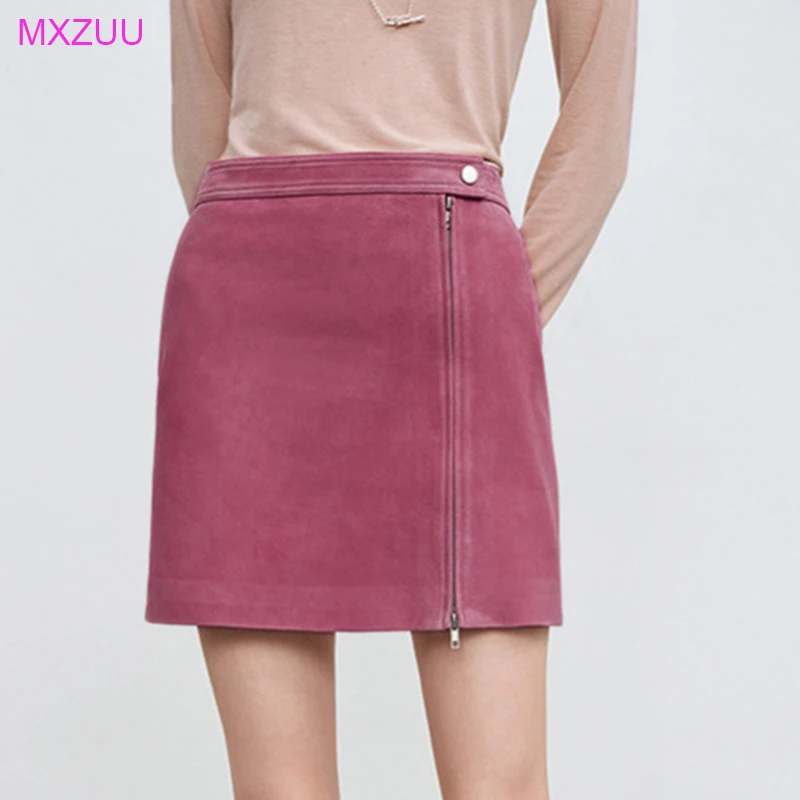 

Suede Leather Mini Skirt for Women Autumn Korean New Simple Two-Way Zippers Versatile Wrap Faldas Mujer Pink Short Cargo Skirt