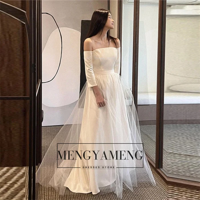 ZHUISHU Simple A Line Korean Wedding Dresses Off the Shoulder Long Sleeves Stretch Satin Bridal Gowns Photo shoot Customized