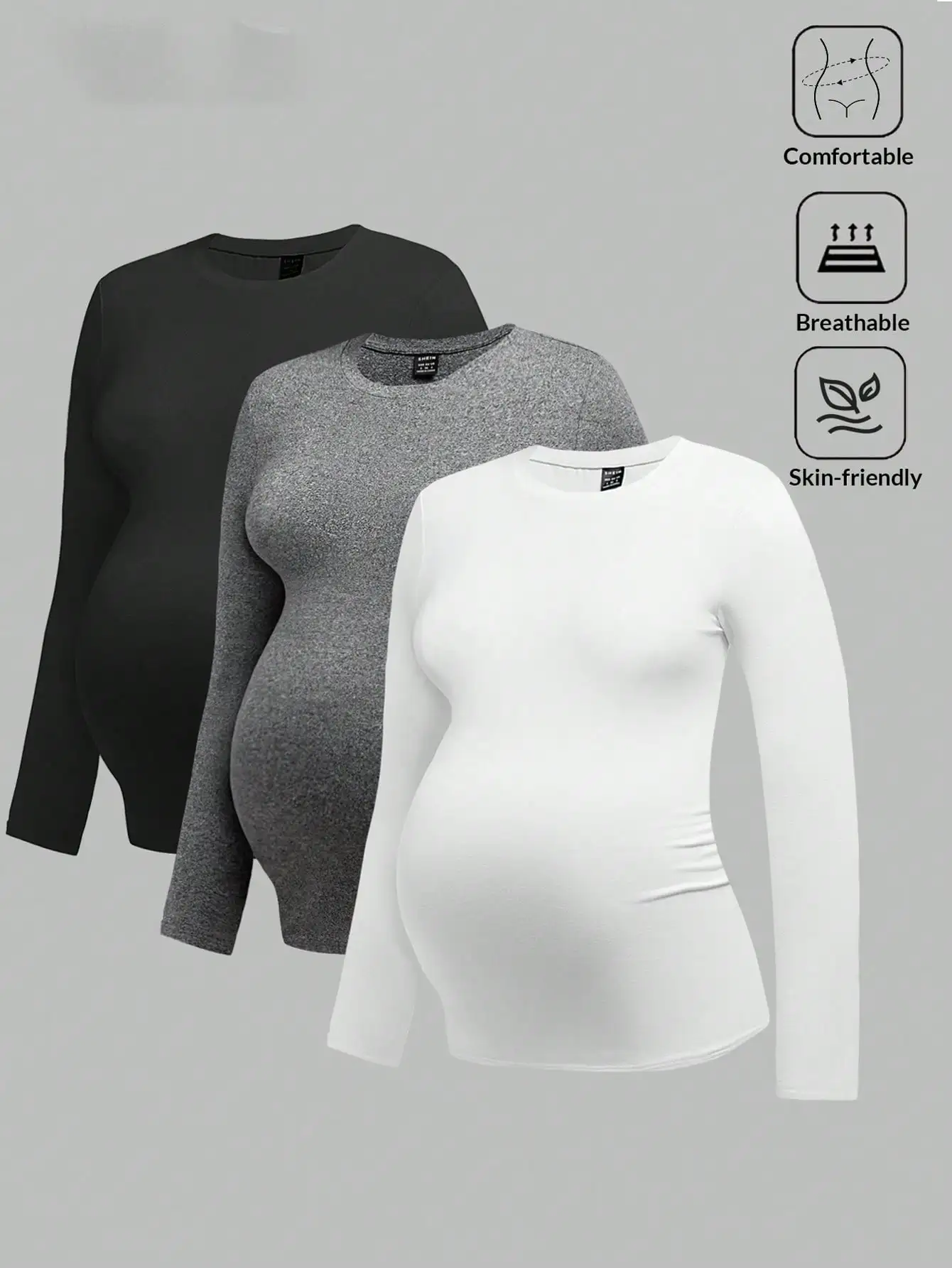 

Modmama 3pcs/Set Maternity Casual Round Neck Long Sleeve Fitted Pregnancy T-Shirt