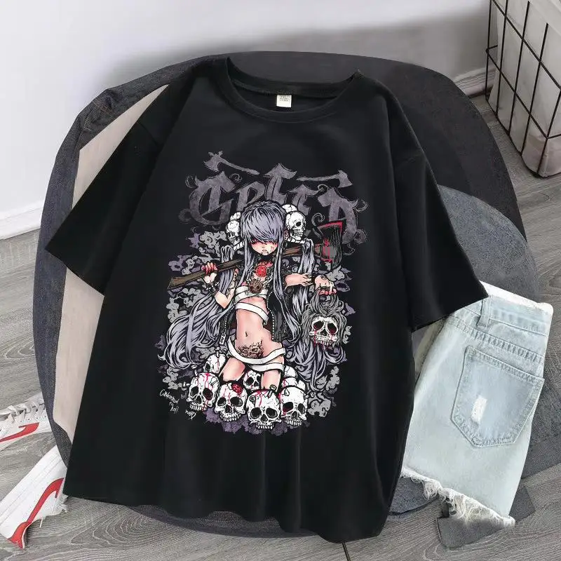 고딕 소녀 인형 슬레 커플 또는 스베 만화 티셔츠 캐주얼 라운드 넥 프린트 탑 푸니온 브랜드 여성 패션 티셔츠
