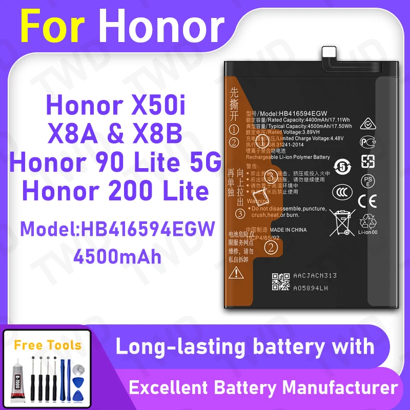 

100% New HB416594EGW Battery For Honor X50i/X8A/X8B/Honor 90 Lite 5G Replacement Bateria+Free Tools