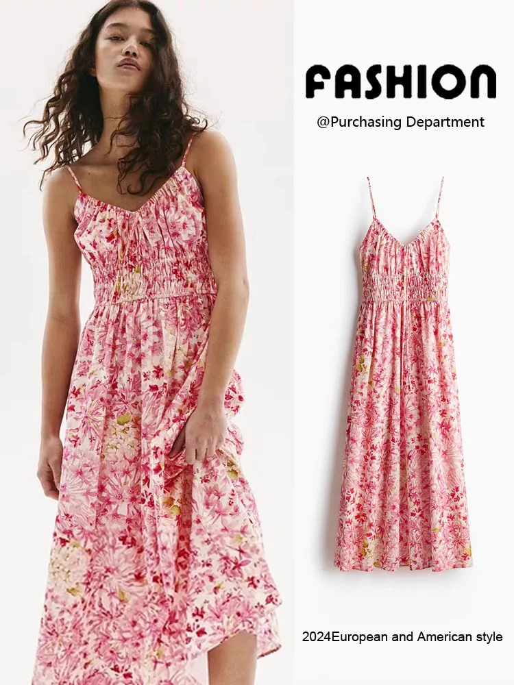 ファッショナブルなカジュアル花柄ノースリーブレディースドレスハイウエスト A ラインミディスカート V ネック夏新着 ZA2025